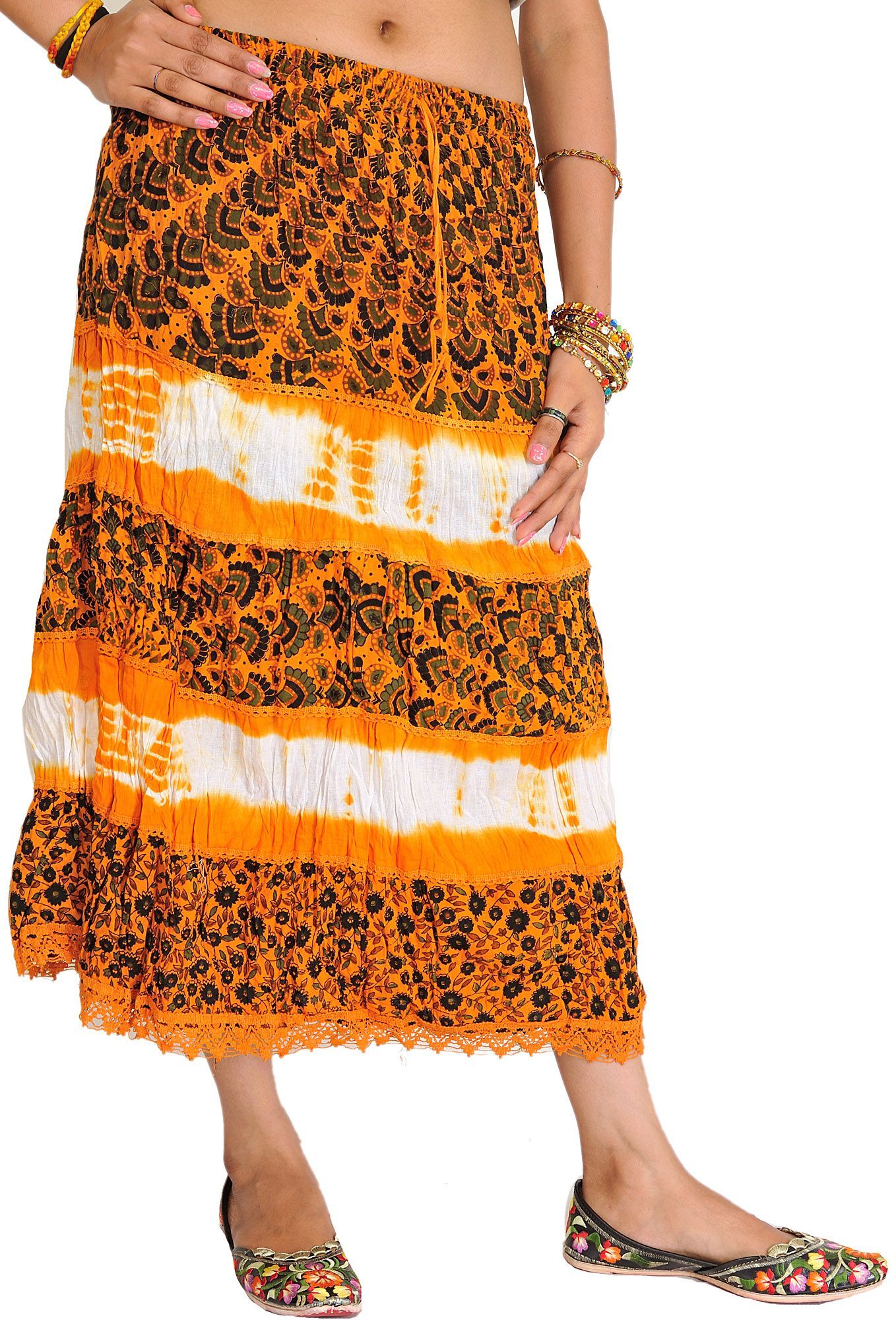 Apricot Batik-Dyed Midi Skirt with Printed Flowers