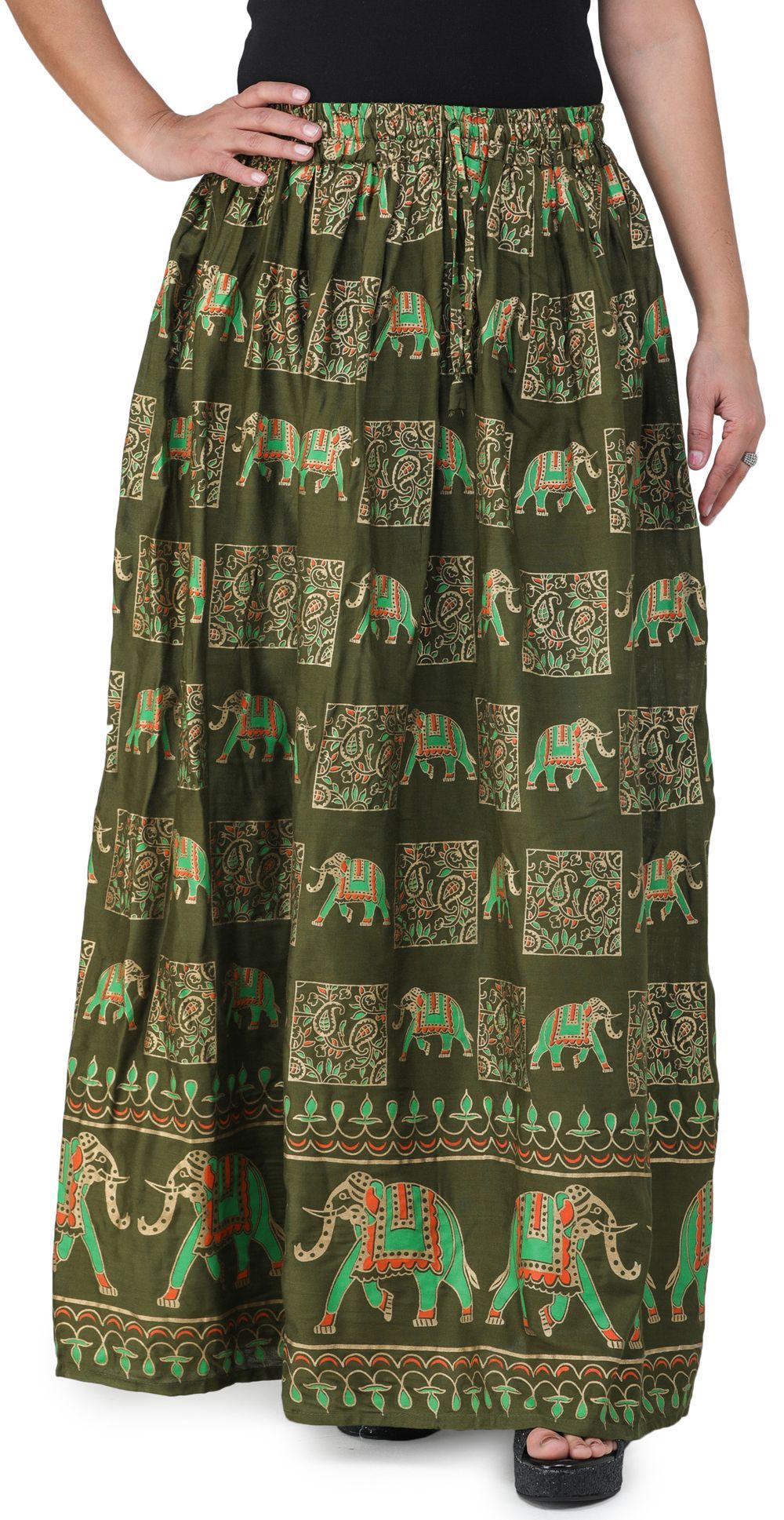 Winter-Moss Digitally Printed Casual Skirt with Motifs of Elephants And Flowers From Pilkhuwa