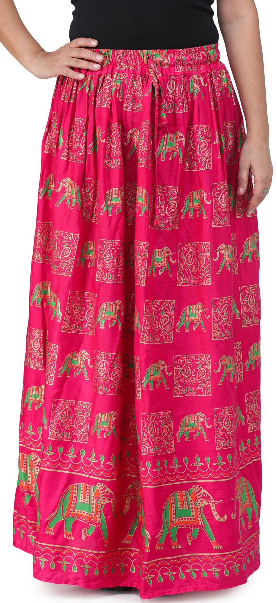 Pink-Peacock Digitally Printed Casual Skirt with Motifs of Elephants And Flowers From Pilkhuwa