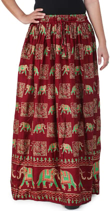 Ruby-Wine Digitally Printed Casual Skirt with Motifs of Elephants And Flowers From Pilkhuwa