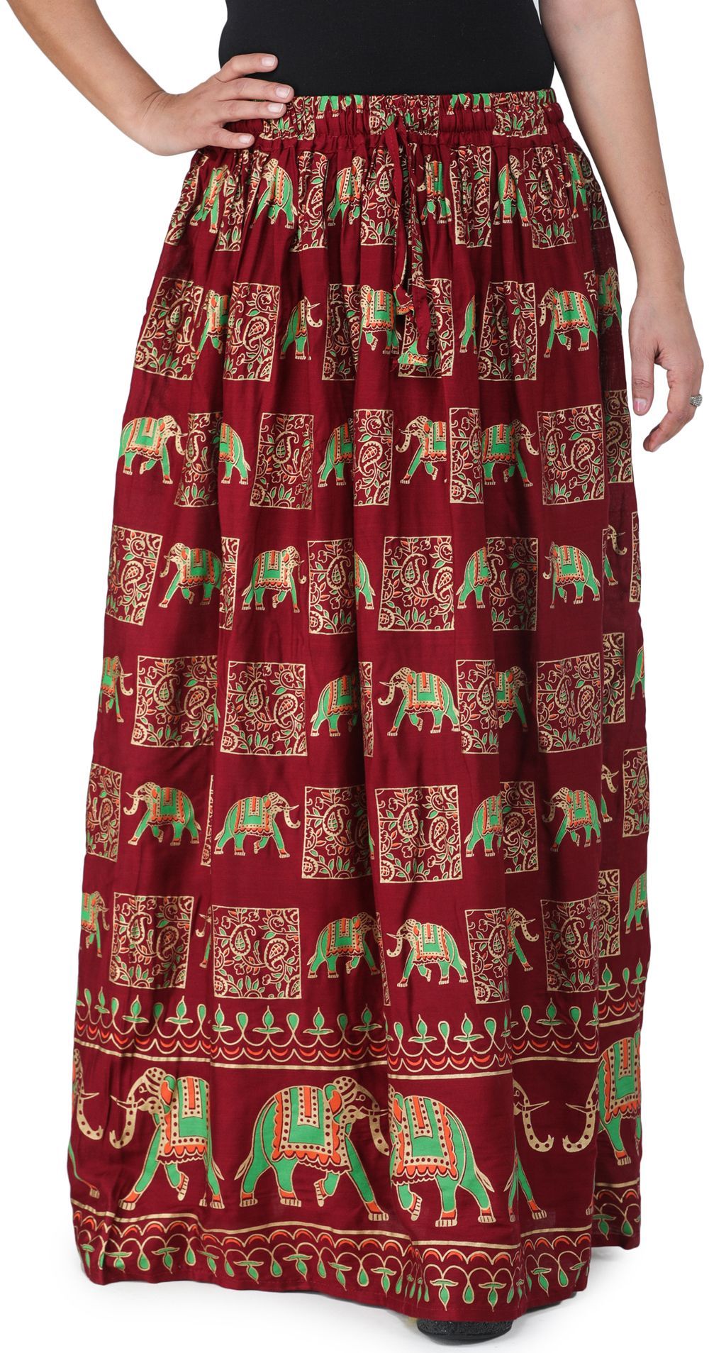 Ruby-Wine Digitally Printed Casual Skirt with Motifs of Elephants And Flowers From Pilkhuwa