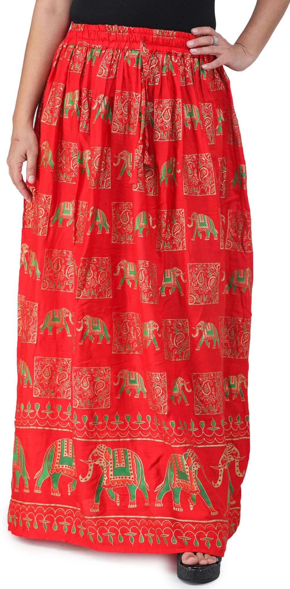 Flame-Scarlet Digitally Printed Casual Skirt with Motifs of Elephants And Flowers From Pilkhuwa