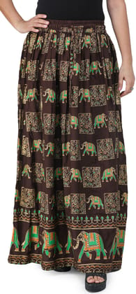 Deep-Mahogany  Digitally Printed Casual Skirt with Motifs of Elephants And Flowers From Pilkhuwa