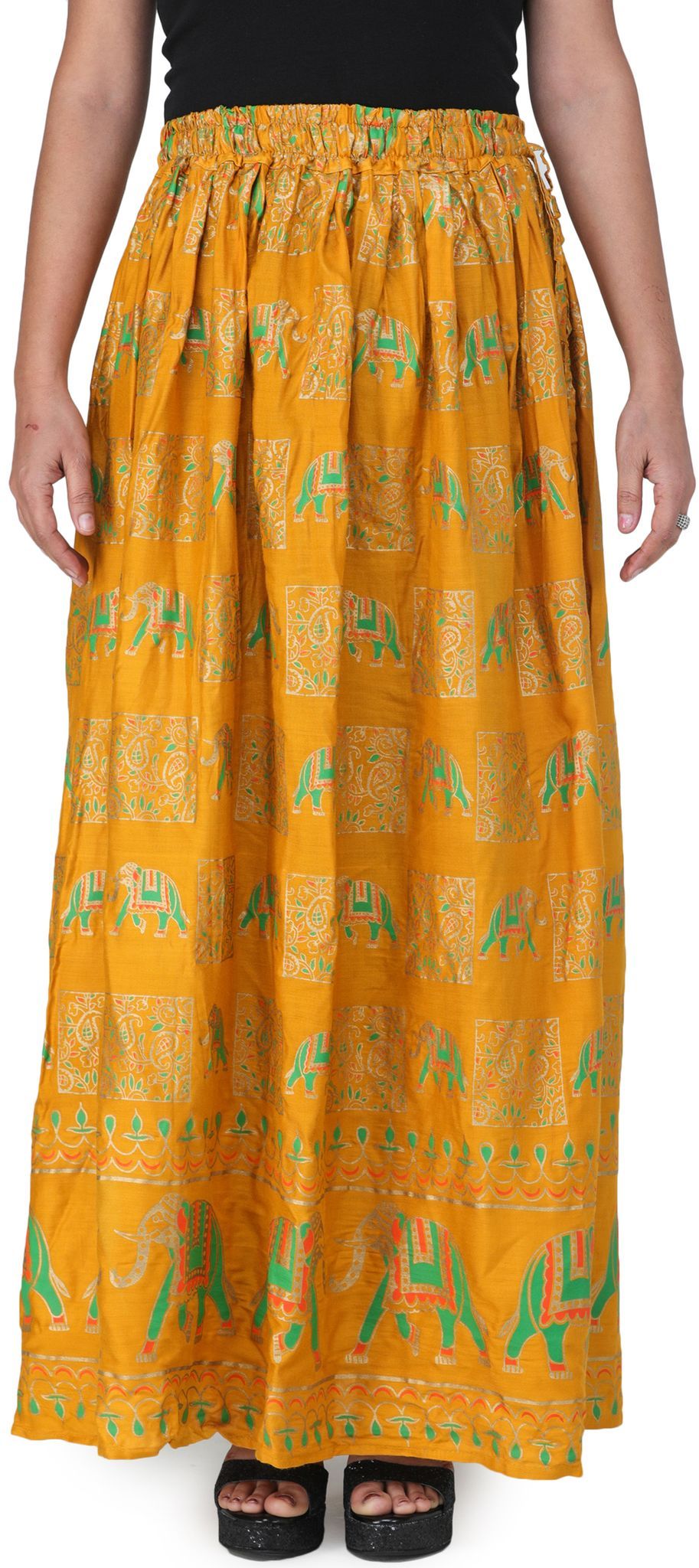 Golden-Orange Digitally Printed Casual Skirt with Motifs of Elephants And Flowers From Pilkhuwa