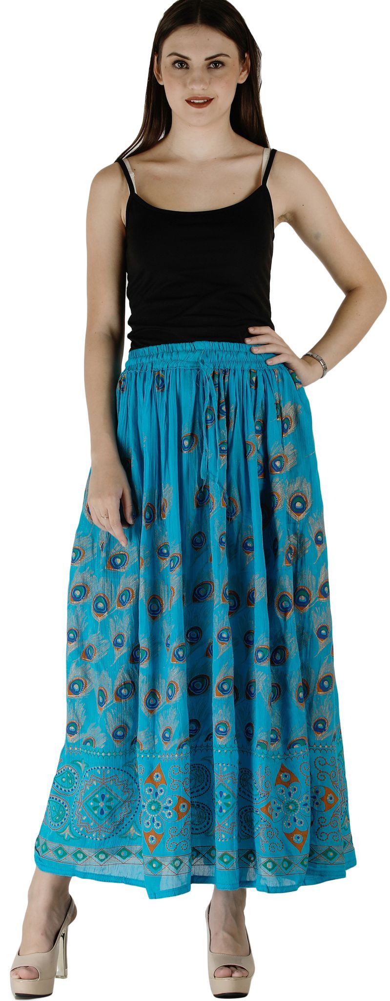 Vivid-Blue Long Skirt with Printed Peacock Feathers