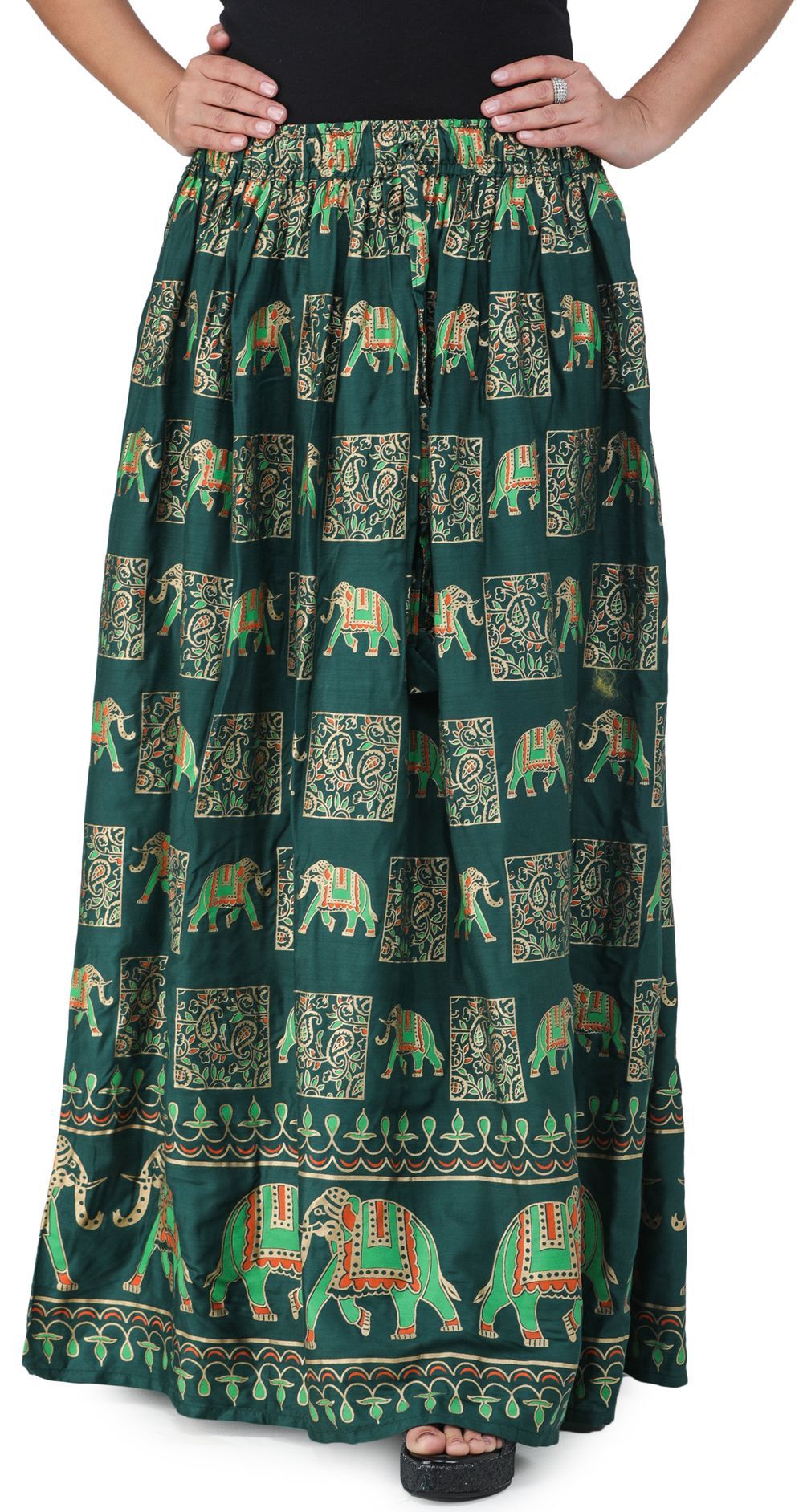 Dark-Green Digitally Printed Casual Skirt with Motifs of Elephants And Flowers From Pilkhuwa