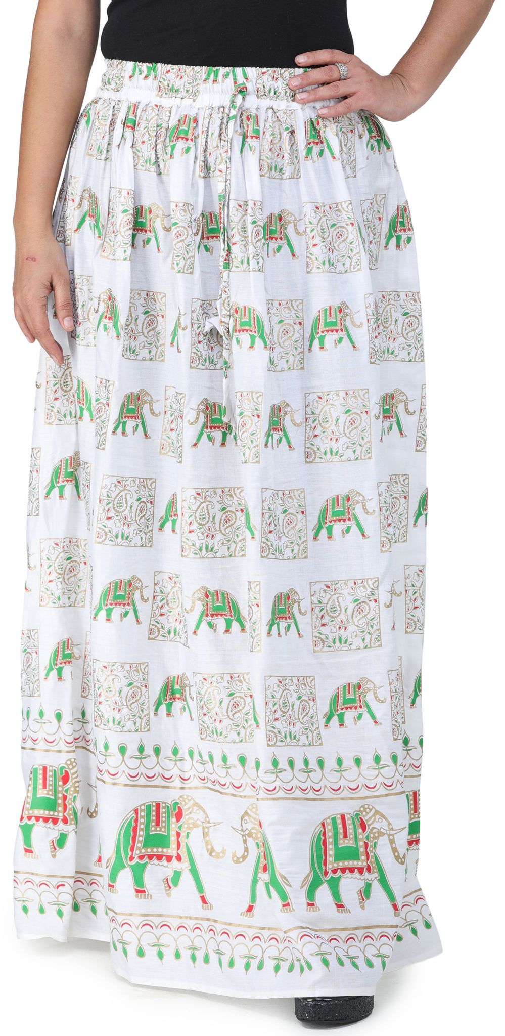 Bright-White Digitally Printed Casual Skirt with Motifs of Elephants And Flowers From Pilkhuwa