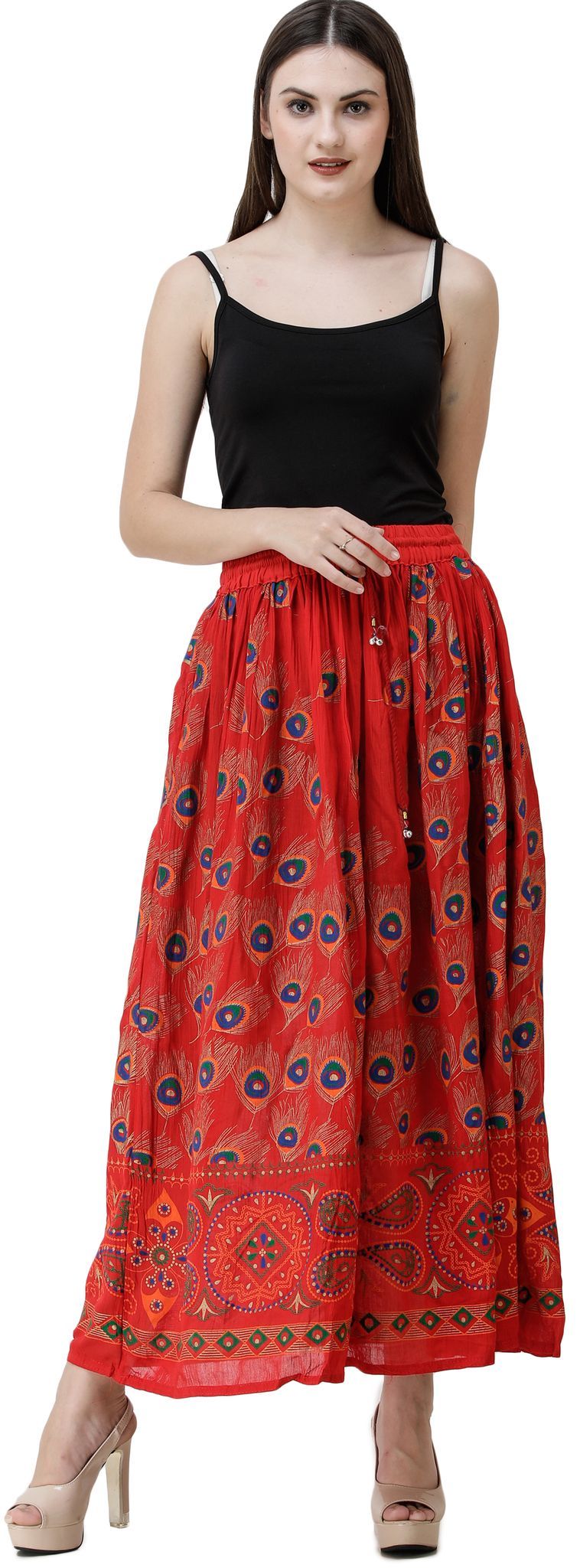 Flame-Scarlet Long Skirt with Printed Peacock Feathers