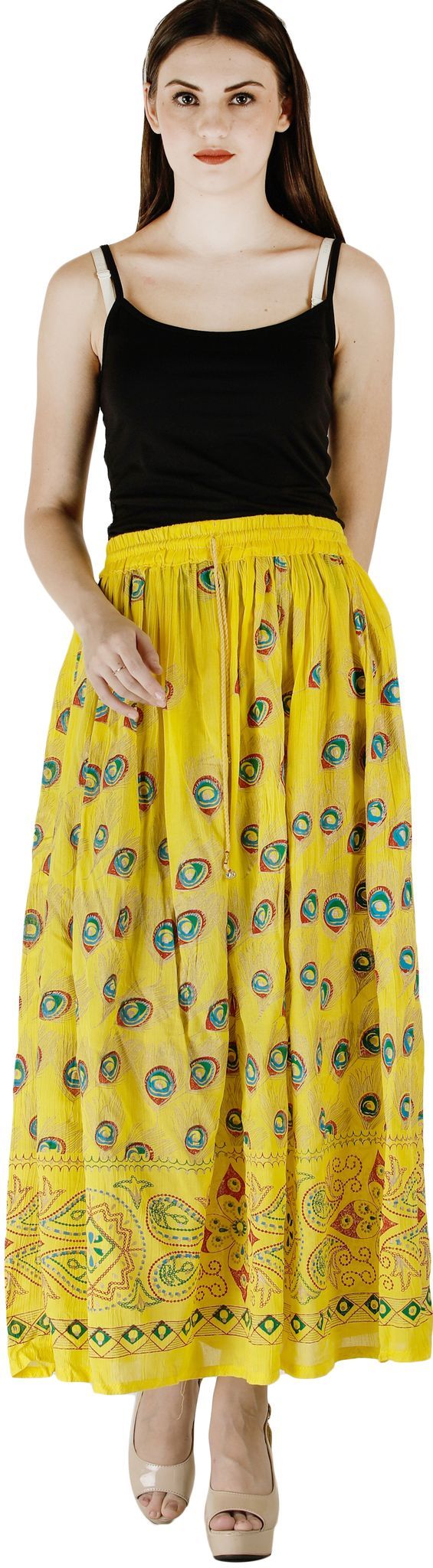 Maize Long Skirt with Printed Peacock Feathers