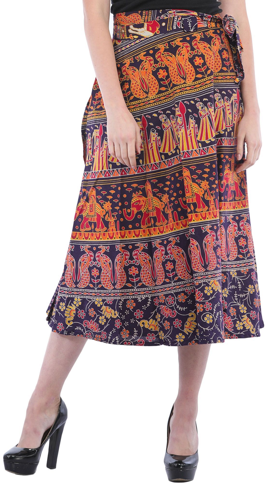 Nightshade-Purple Wrap-Around Sanganeri Skirt with Printed Marriage Procession