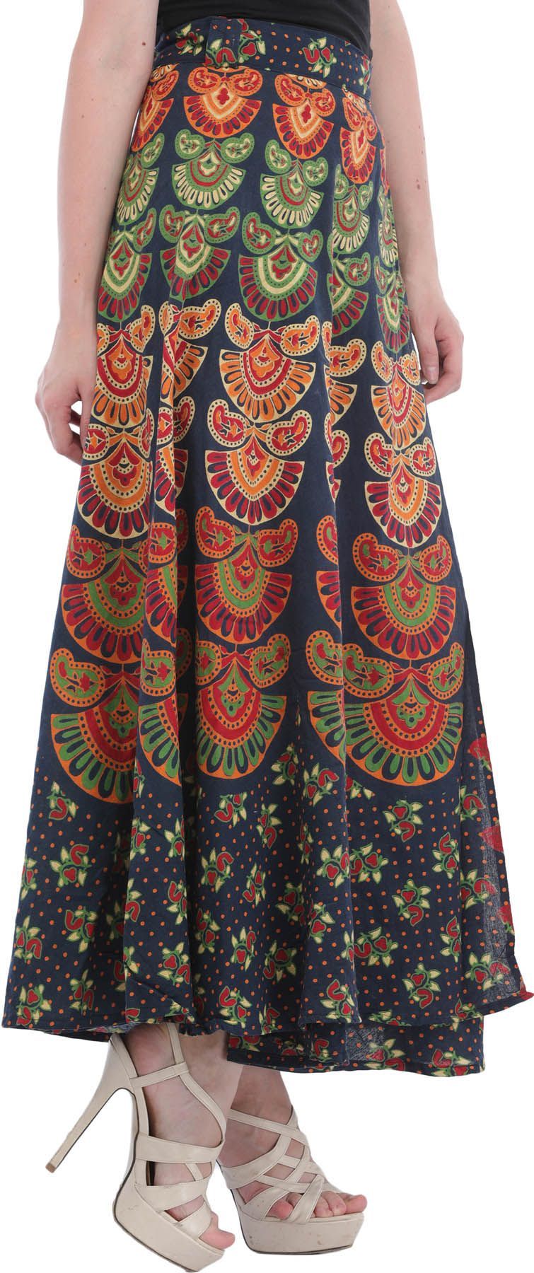 Midnight-Navy Block-Printed Sanganeri Wrap-Around Skirt from Pilkhuwa