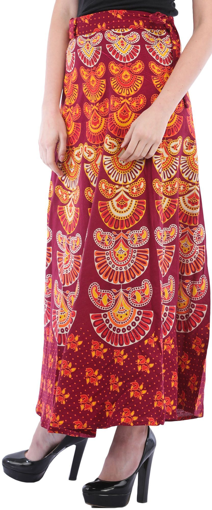 Oxblood-Red Block-Printed Sanganeri Wrap-Around Skirt from Pilkhuwa