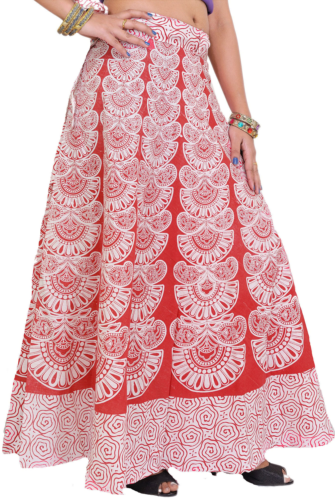 Tomato-Red Wrap-Around Long Skirt with Block-Print in Pastel Colors