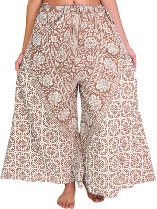 Toffee-Brown Palazzo Pants from Pilkhuwa with Printed Flowers and Elephants