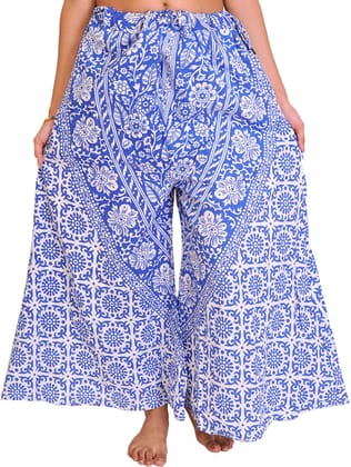 Nautical-Blue Palazzo Pants from Pilkhuwa with Printed Flowers and Elephants