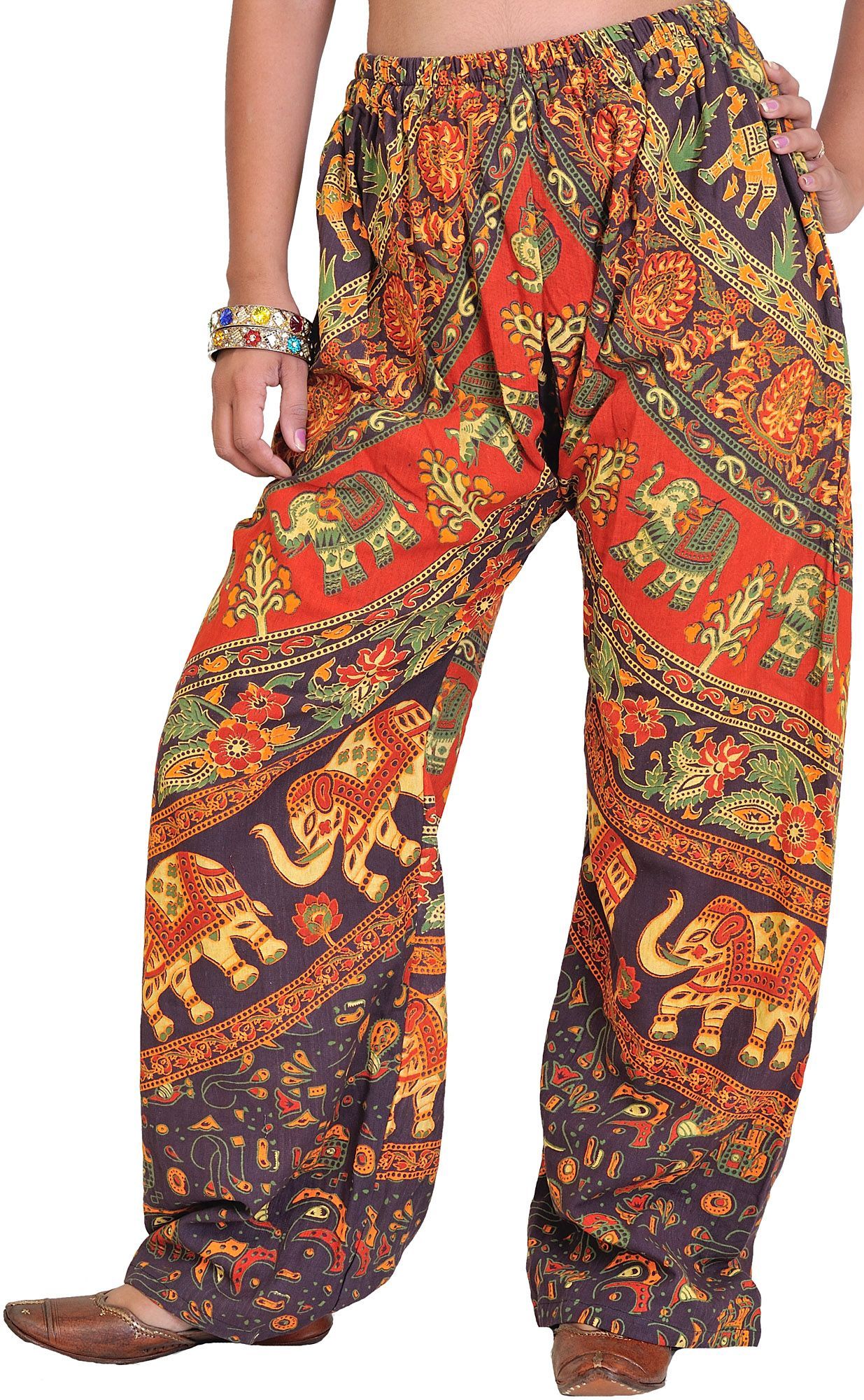 Seal-Brown Casual Trousers from Pilkhuwa with Printed Elephants