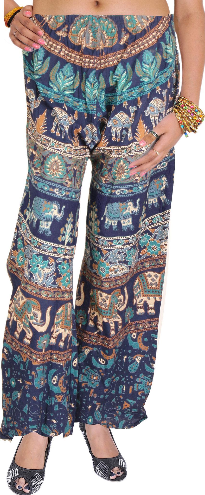 Twilight-Blue Casual Trousers from Pilkhuwa with Printed Elephants