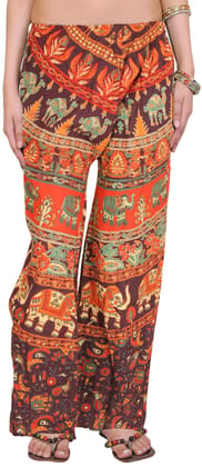 Red-Mahogany Casual Trousers from Pilkhuwa with Printed Elephants