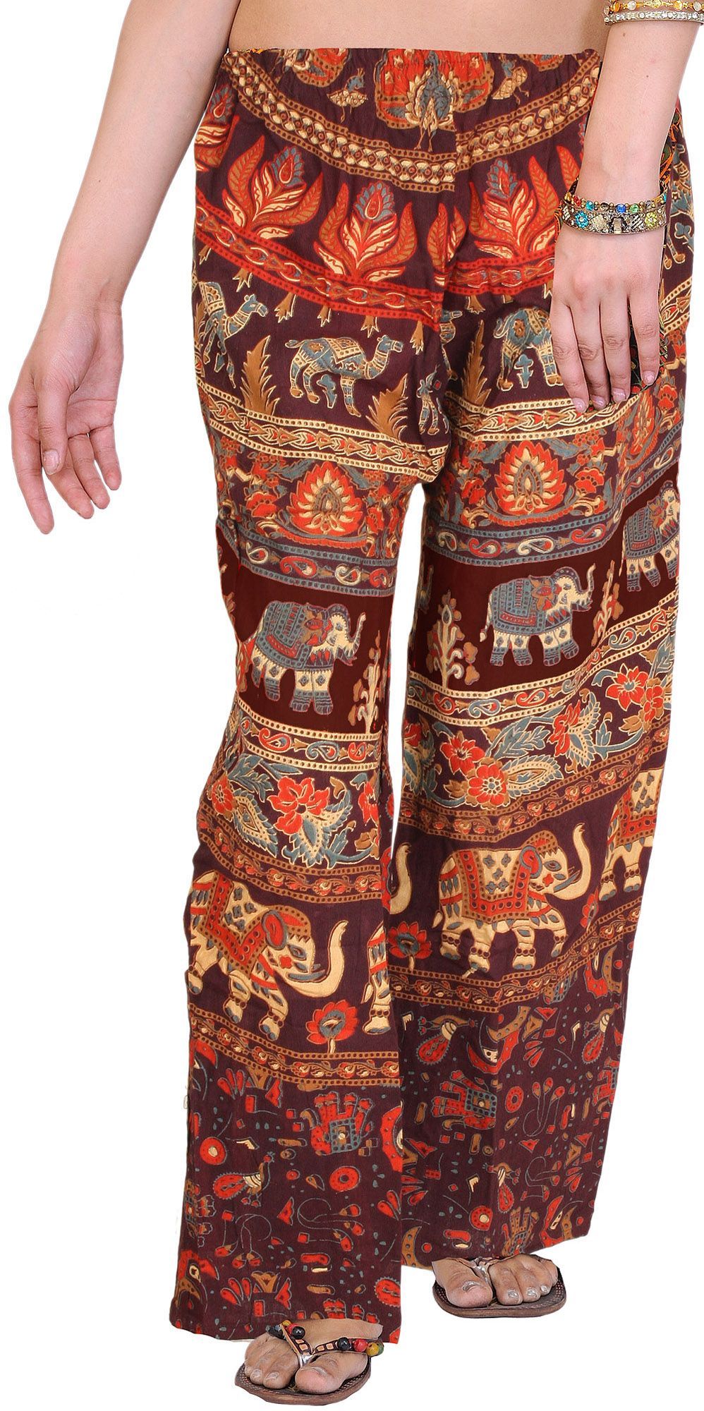 Dark-Brown Casual Trousers from Pilkhuwa with Printed Elephants