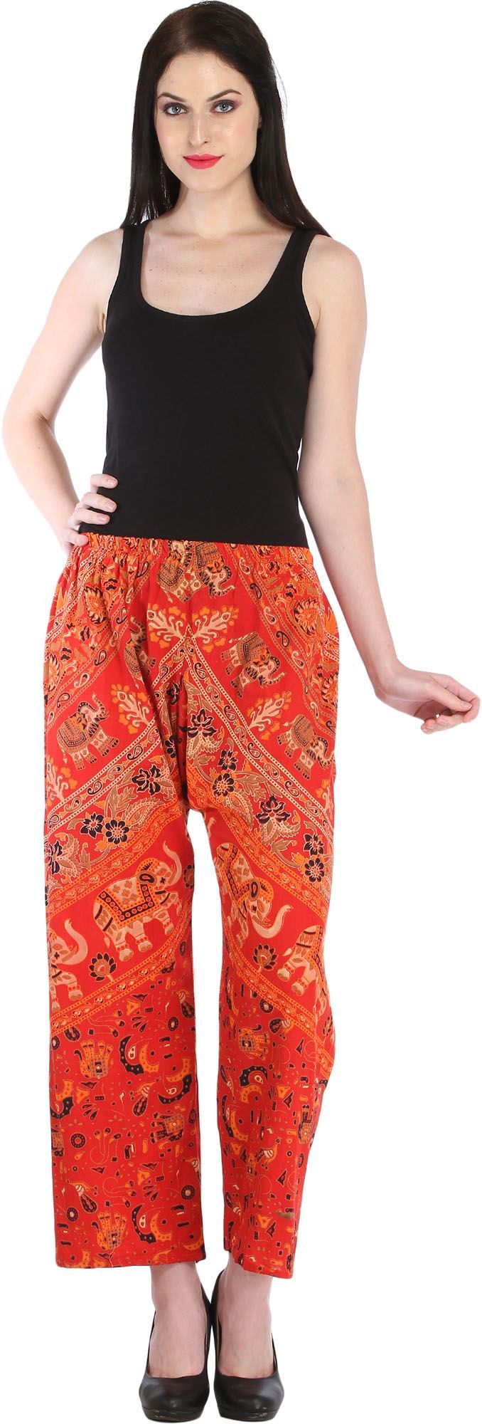 Bittersweet-Red Casual Trousers from Pilkhuwa with Printed Elephants