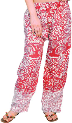 Hot-Coral Casual Trousers from Pilkhuwa with Printed Palm Trees