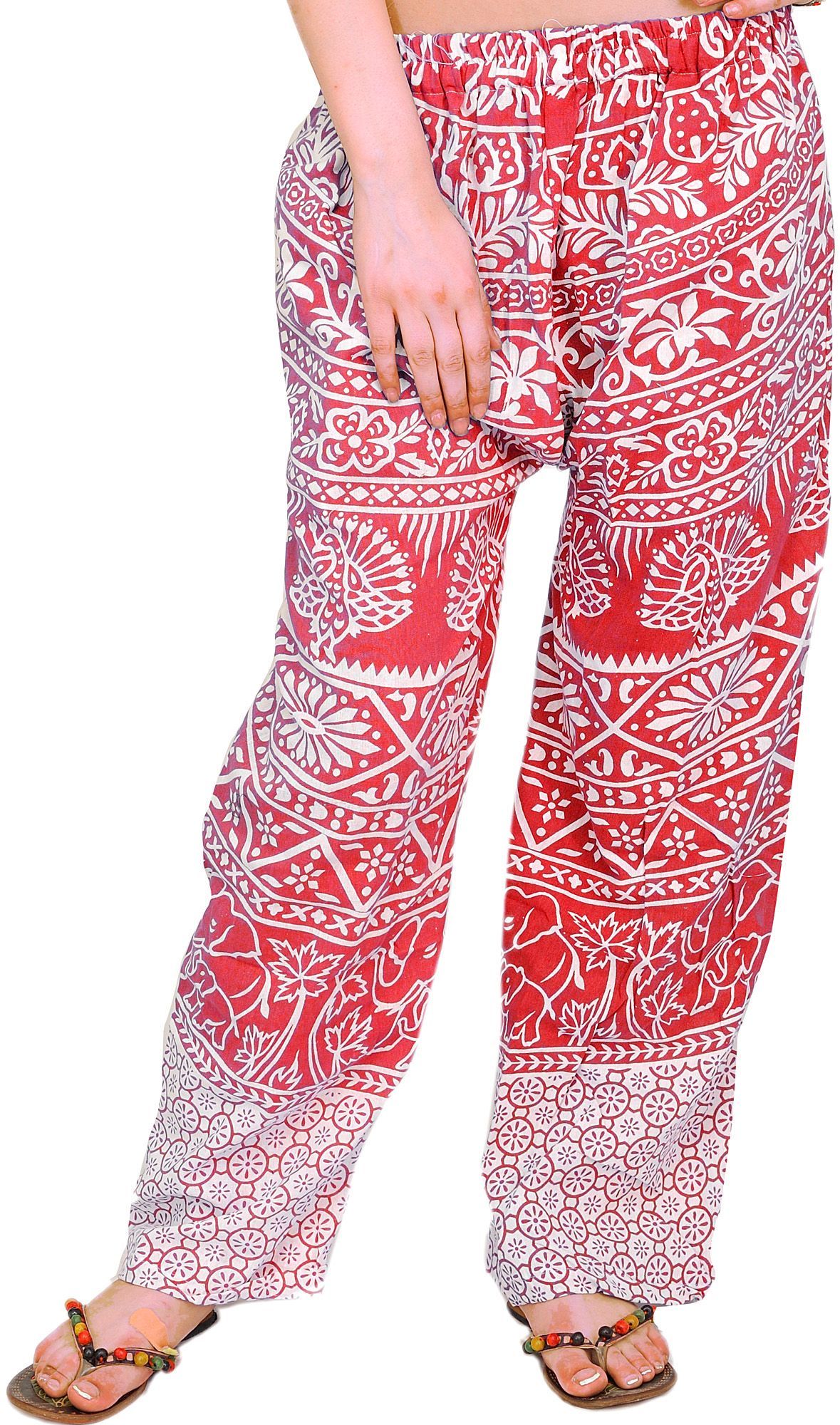 Hot-Coral Casual Trousers from Pilkhuwa with Printed Palm Trees