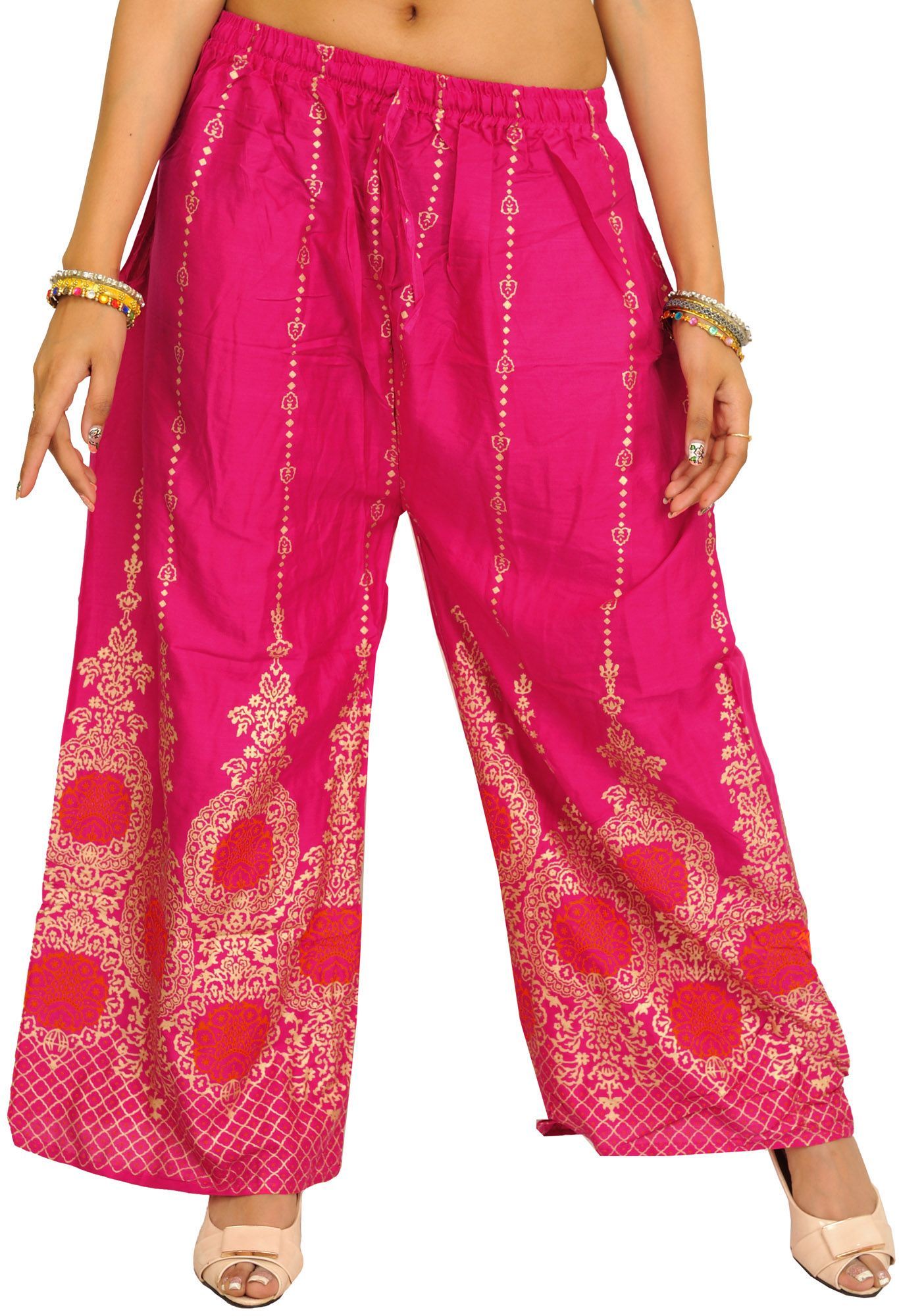 Fuchsia-Rose Casual Yoga Trousers with Golden Floral Print