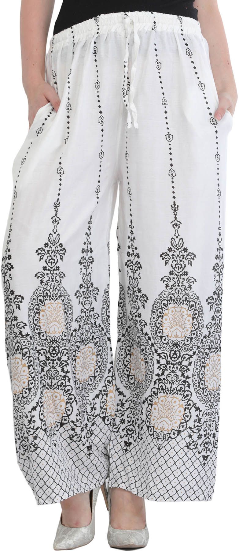 Egret-White Casual Yoga Trousers with Golden Floral Print