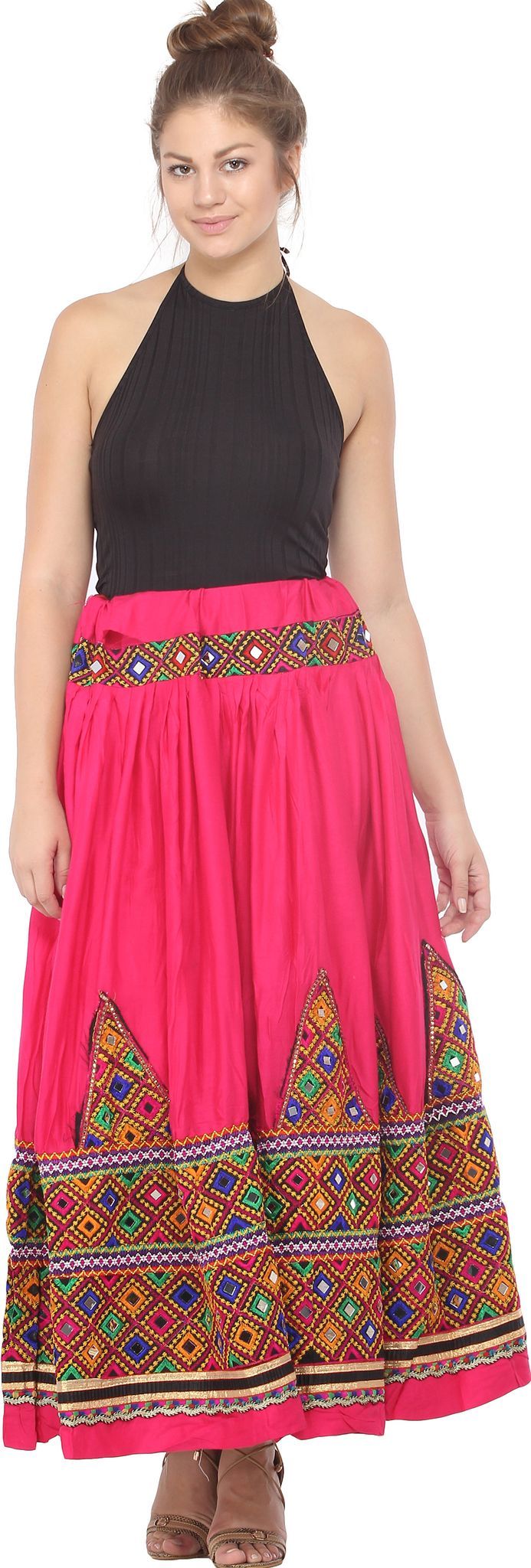 Rasberry-Sorbet Ghagra Skirt from Kutch with Multicolor Thread Embroidered Patch Border and Mirrors