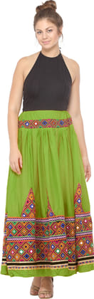 Kiwi-Green Skirt from Kutch with Multicolor Thread Embroidered Patch Border and Mirrors