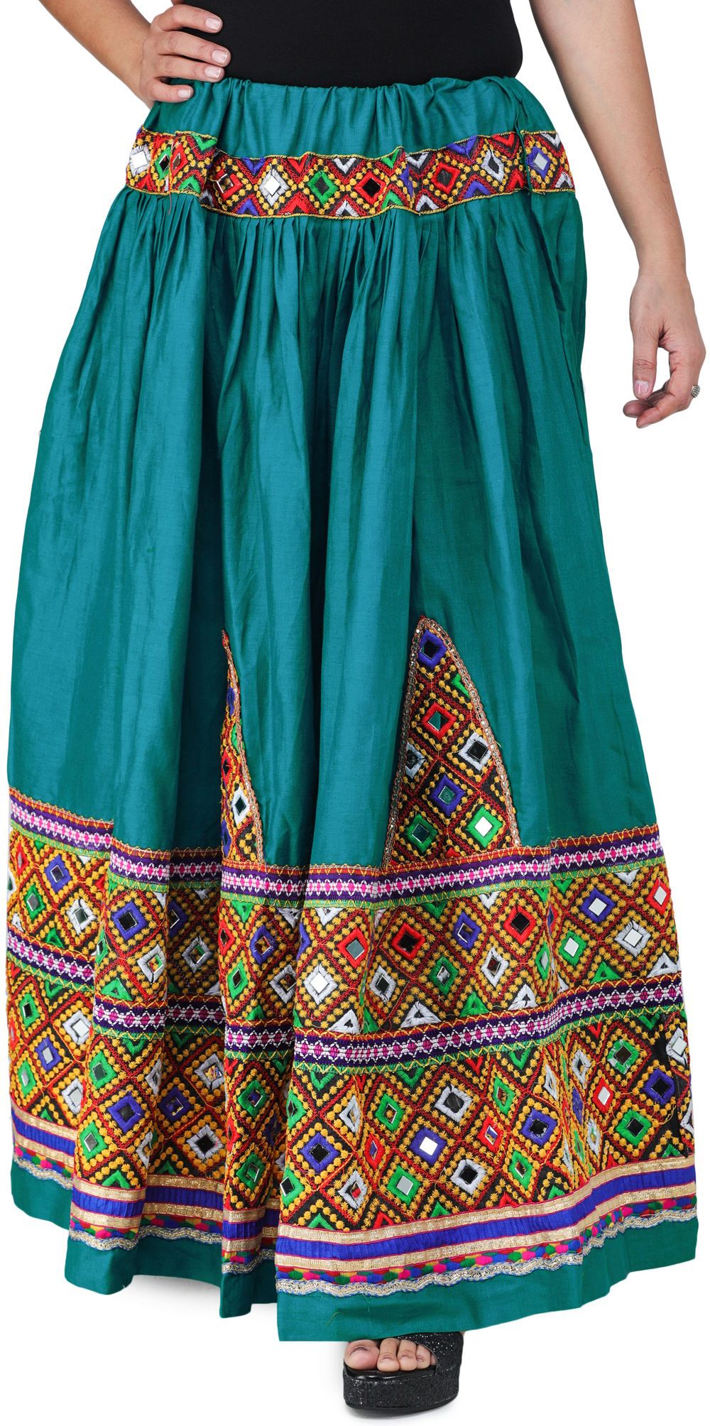 Fanfare Ghagra Skirt from Kutch with Multicolor Thread Embroidered Patch Border and Mirrors