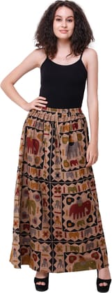 Nougat Stone-Washed Long Elastic Skirt with Printed Elephants