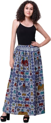 Highrise-Gray Stone-Washed Long Elastic Skirt with Printed Elephants