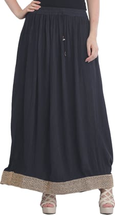 Insignia-Blue Plain Elastic Long Skirt with Golden Border