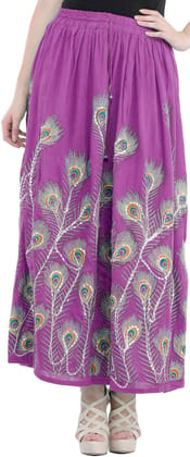 Vivid-Viola Long Skirt with Printed Peacock Feather and Embroidered Sequins