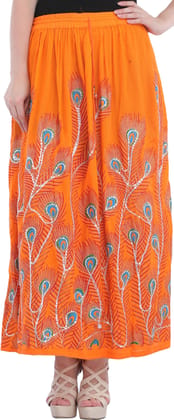 Nectarine-Orange Long Skirt with Printed Peacock Feather and Embroidered Sequins