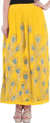 Daffodil Long Skirt with Printed Peacock Feather and Embroidered Sequins