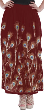 Burnt-Russet Long Skirt with Printed Peacock Feather and Embroidered Sequins