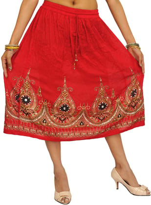 True-Red Midi-Skirt with Printed Flowers Embellished with Sequins