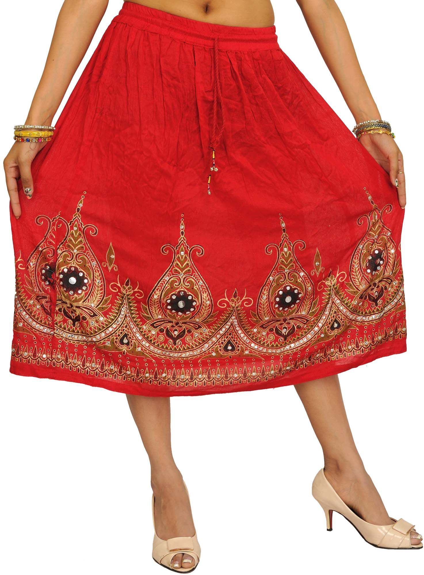 True-Red Midi-Skirt with Printed Flowers Embellished with Sequins