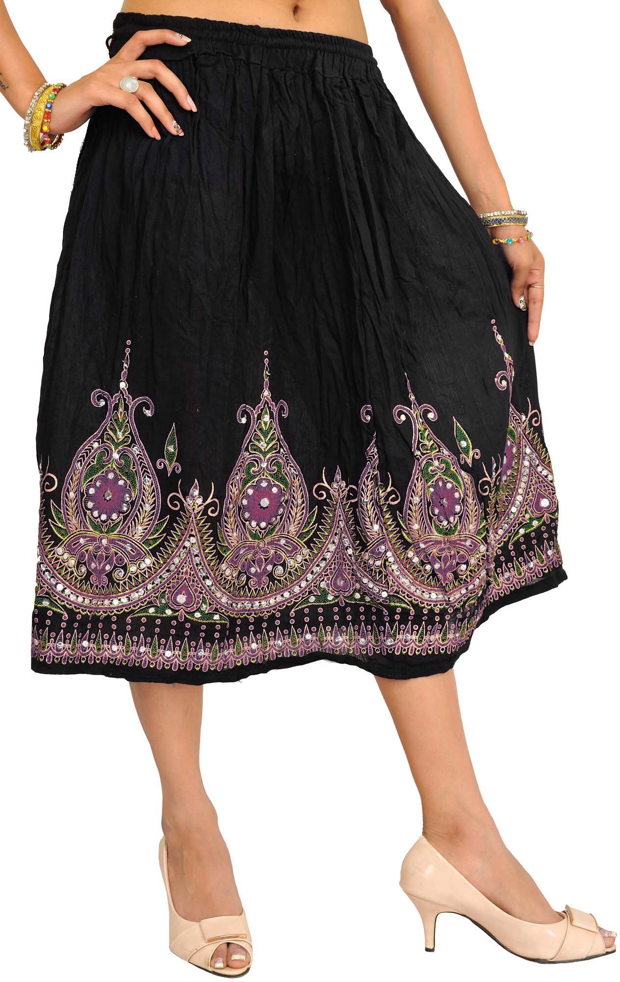 Pirate-Black Midi-Skirt with Printed Flowers Embellished with Sequins