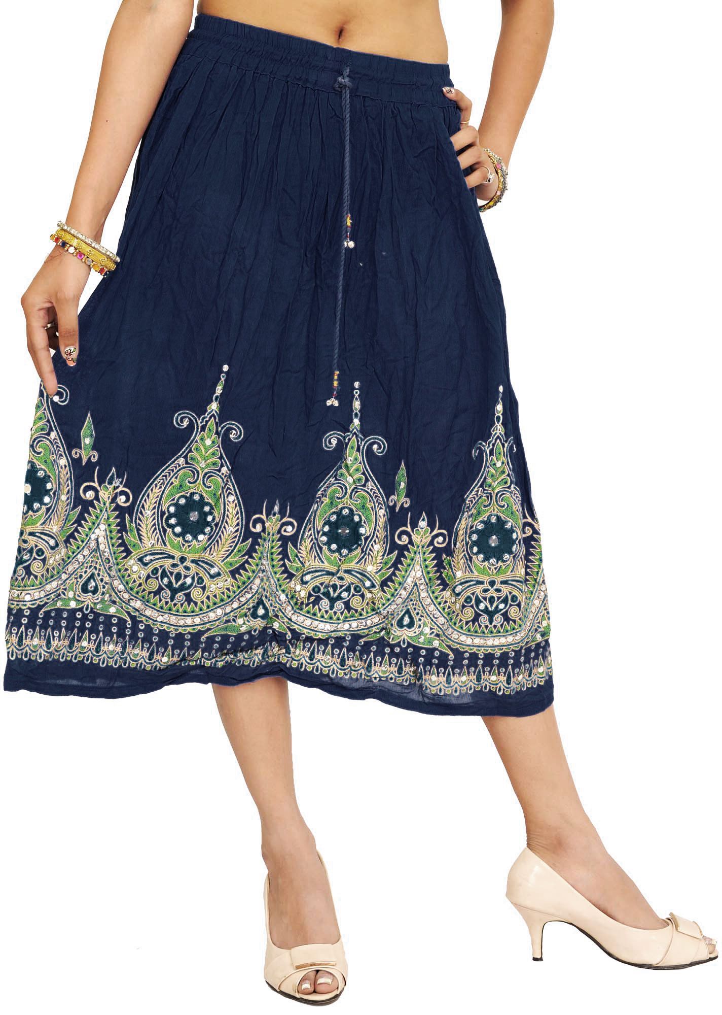 Navy-Blue Midi-Skirt with Printed Flowers Embellished with Sequins