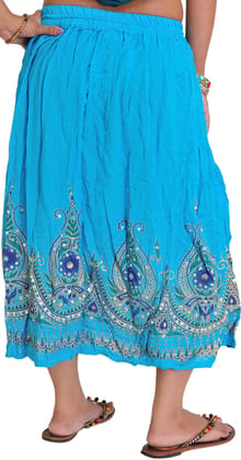 Ocean-Blue Midi-Skirt with Printed Flowers Embellished with Sequins