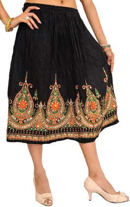 Caviar-Black Midi-Skirt with Printed Flowers Embellished with Sequins