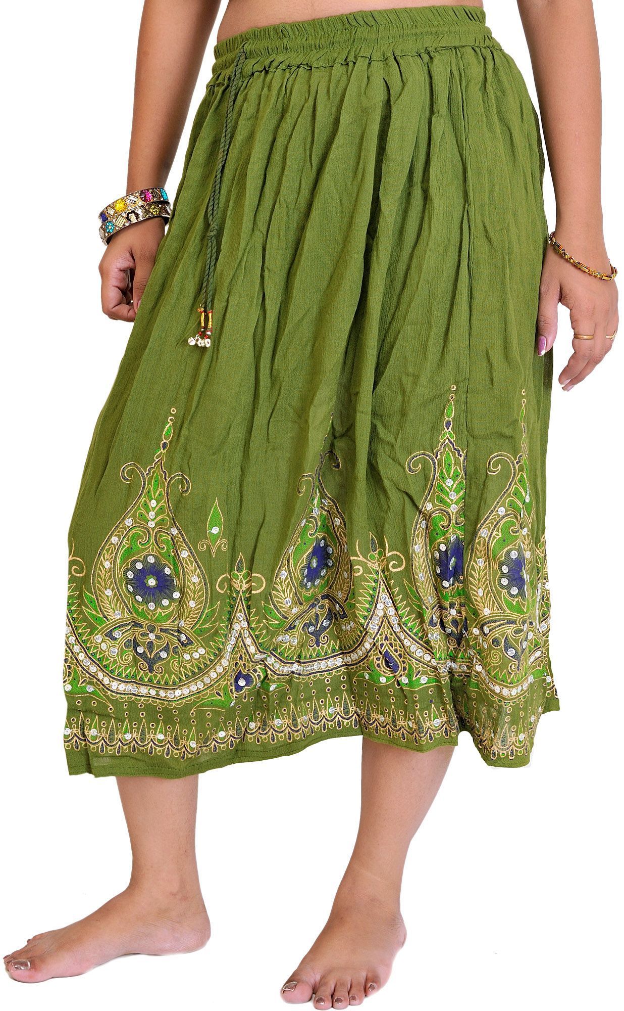 Forest-Green Midi-Skirt with Printed Flowers Embellished with Sequins