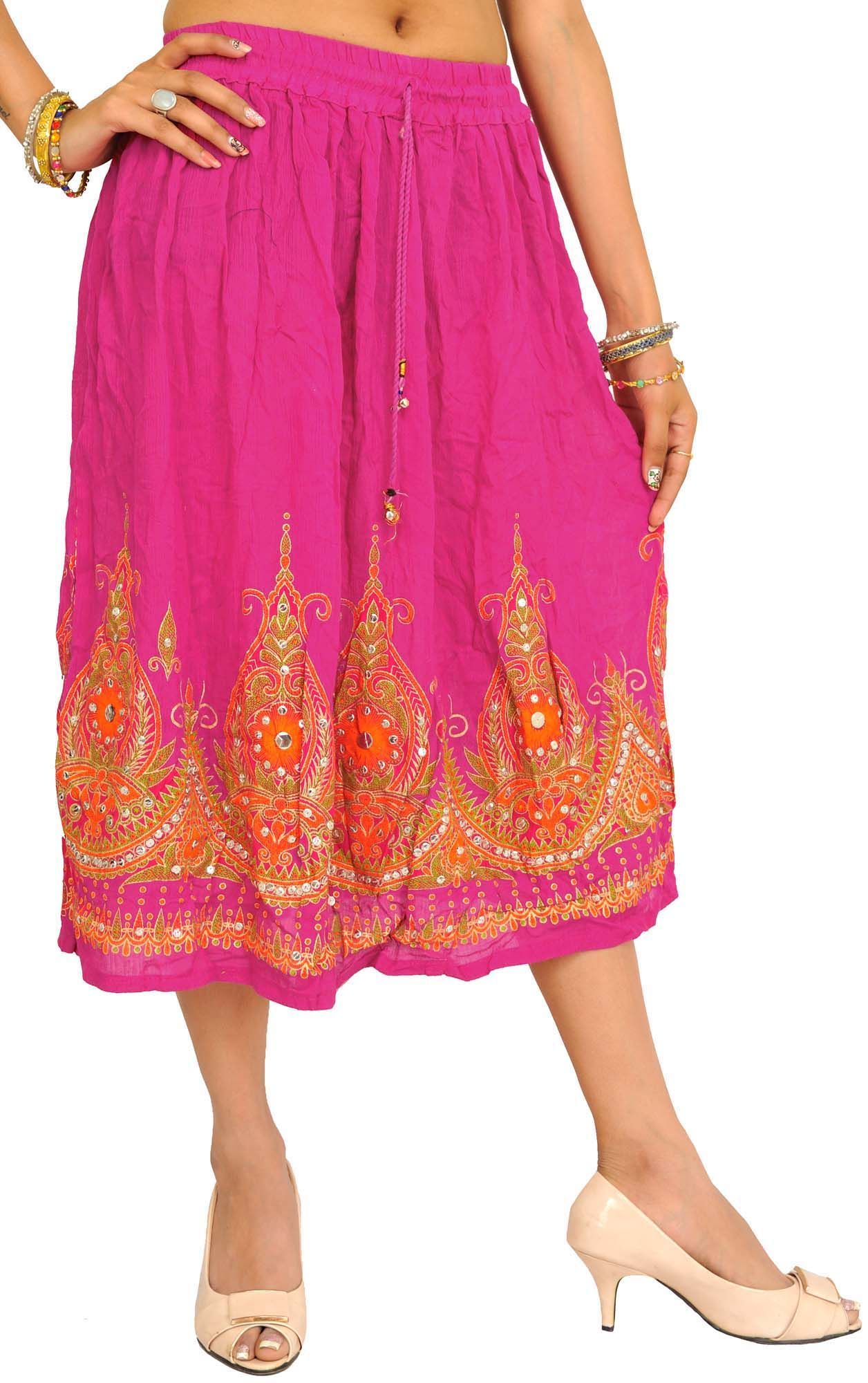 Bright-Rose Midi-Skirt with Printed Flowers Embellished with Sequins