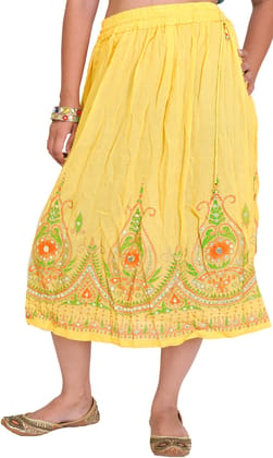 Banana-Yellow Midi-Skirt with Printed Flowers Embellished with Sequins