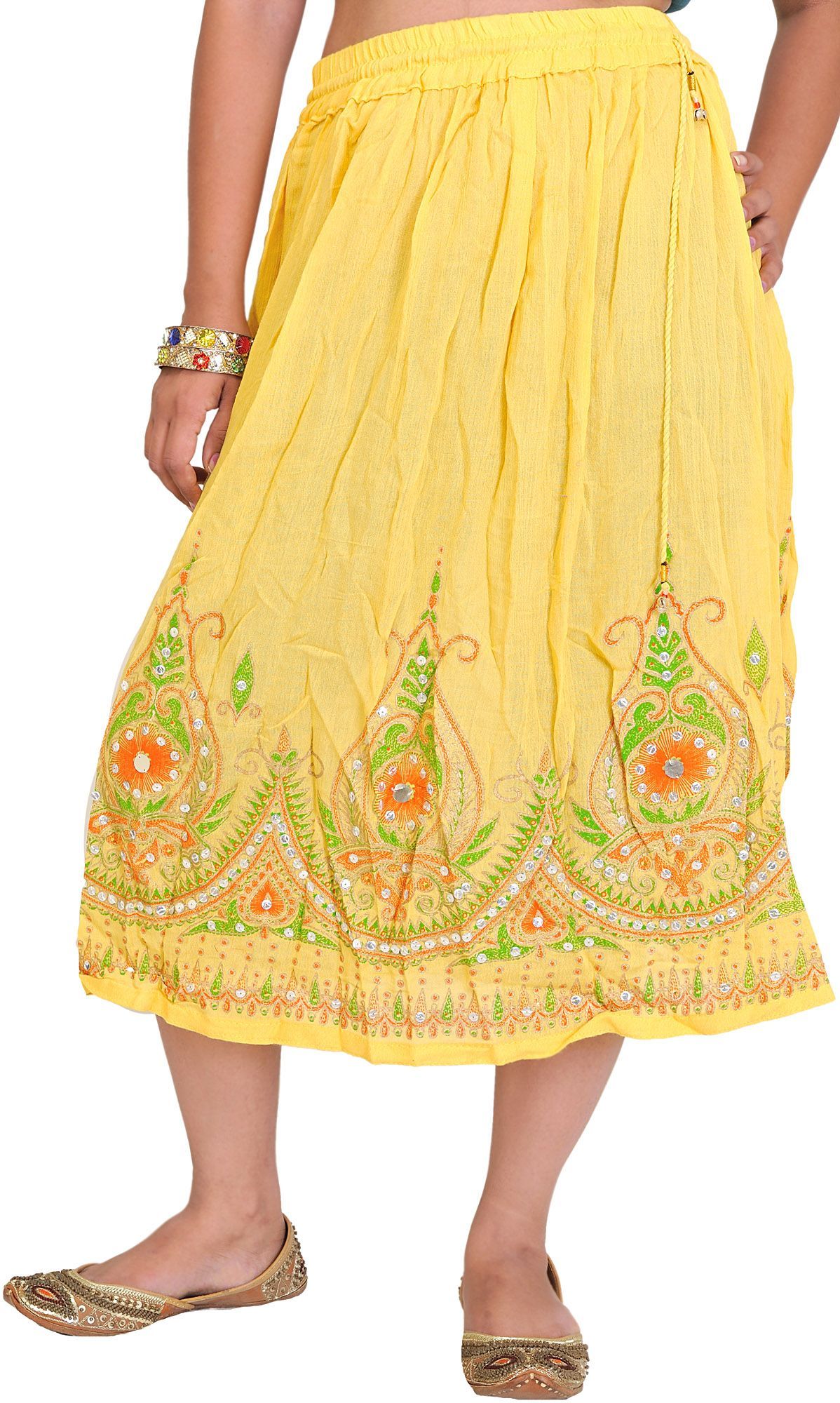 Banana-Yellow Midi-Skirt with Printed Flowers Embellished with Sequins