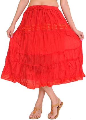 Tomato-Red Plain Elastic-Waist Midi Skirt with Lace