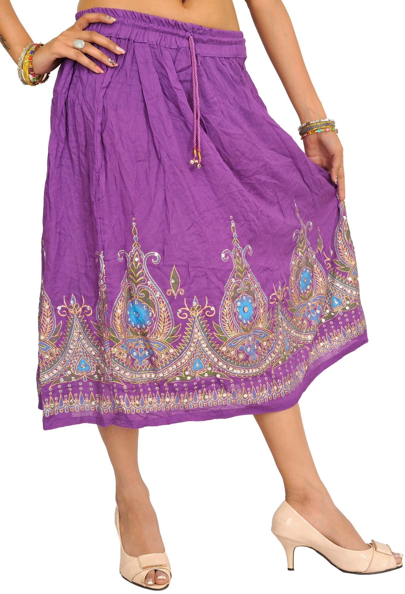 Amaranth-Purple Midi-Skirt with Printed Flowers Embellished with Sequins